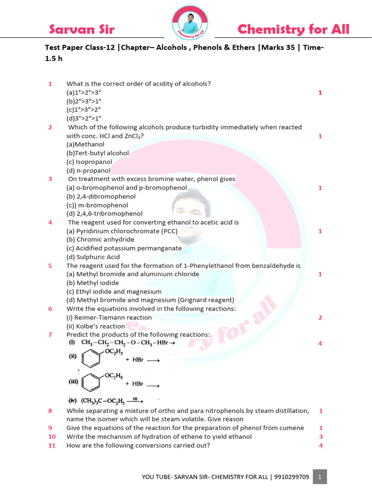 Alcohol Pheol and Ethers Test No 1 Level 1 1 | PDF | Ether | Ethanol