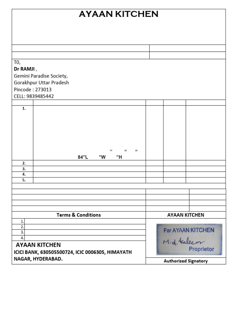 Ayaan Kitchen Equipment Quotation | PDF