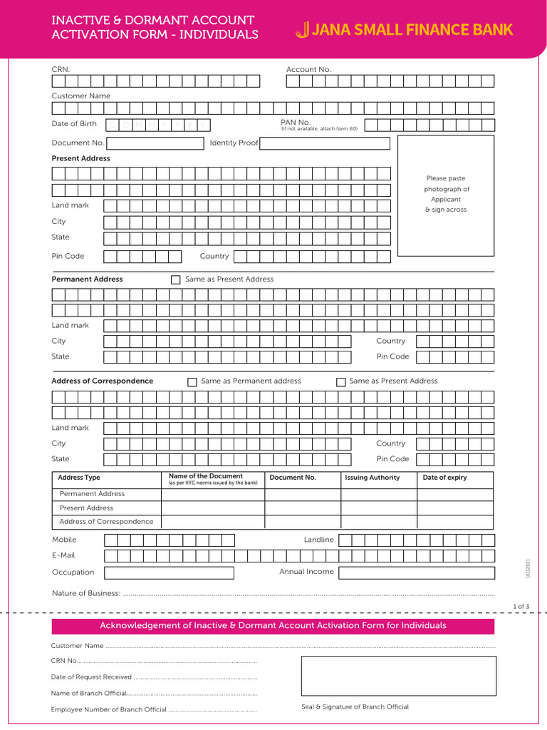 Inactive and Dormant Account Activation Form Individuals | PDF ...