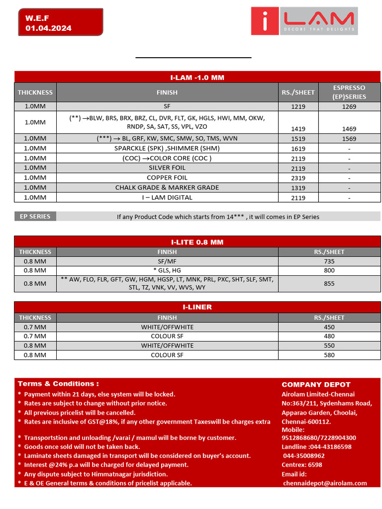 Dealer Price List for I-LAM Products | PDF
