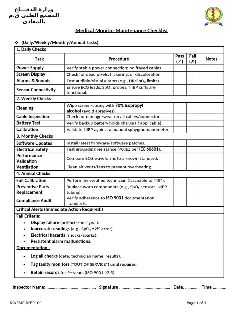 Medical Monitor Maintenance Checklist | PDF