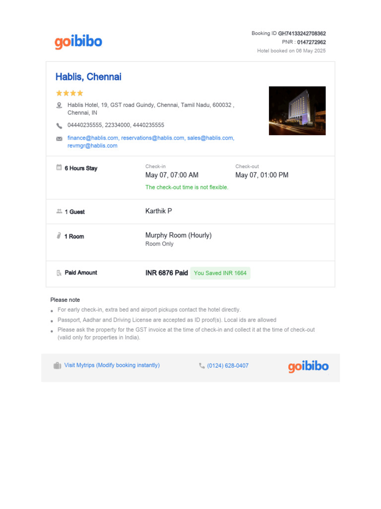 Hotel Booking Confirmation for Hablis Chennai | PDF