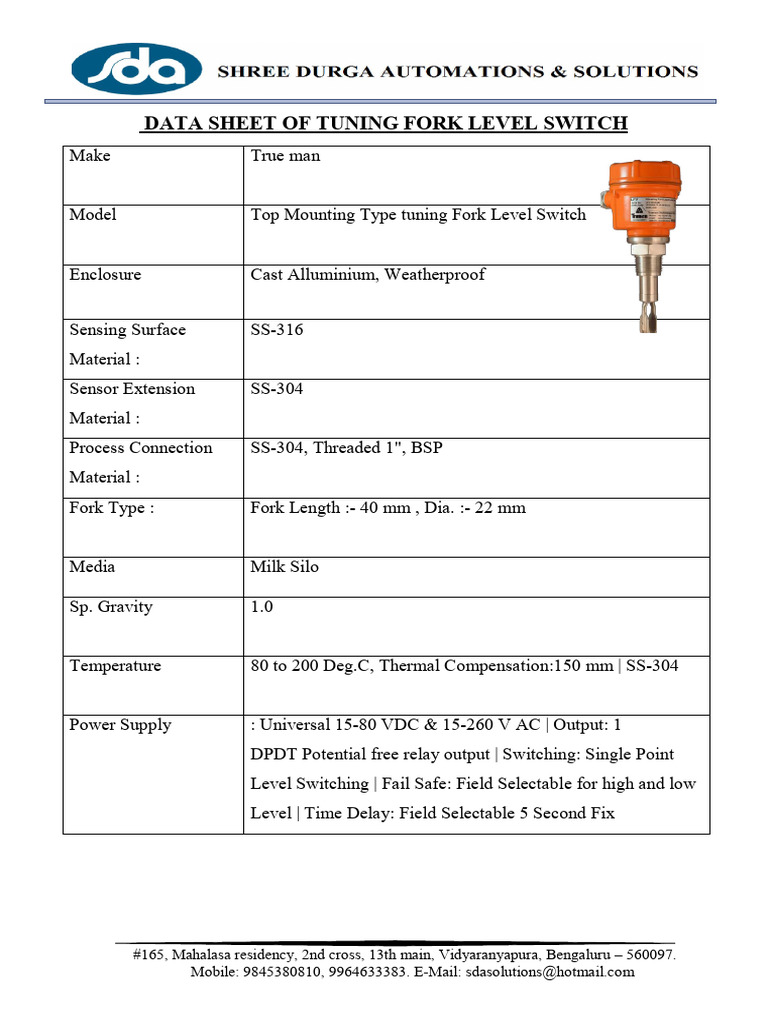 Brotek Instruments Level Sensor Data Sheet | PDF