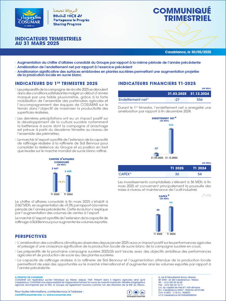 Indicateurs Trimestriels Cosumar T1 2025 | PDF | Maroc | Sucre