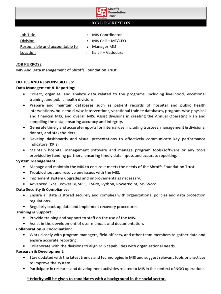 MIS Coordinator Role at Shroffs Trust | PDF | Data | Data Management