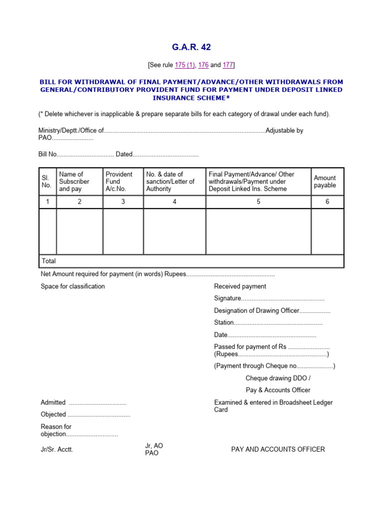 G.A.R. 42 Withdrawal Bill Template | PDF | Payments | Cheque