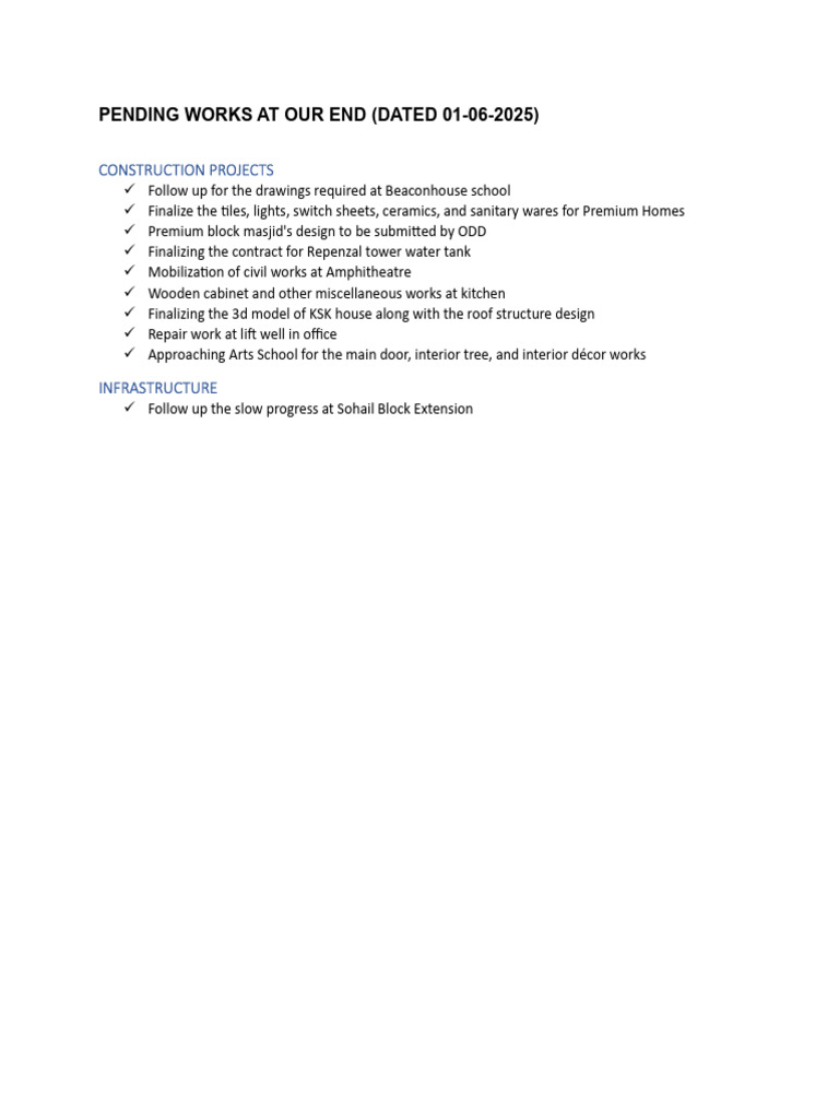Pending Works at Our End 01062025 | PDF