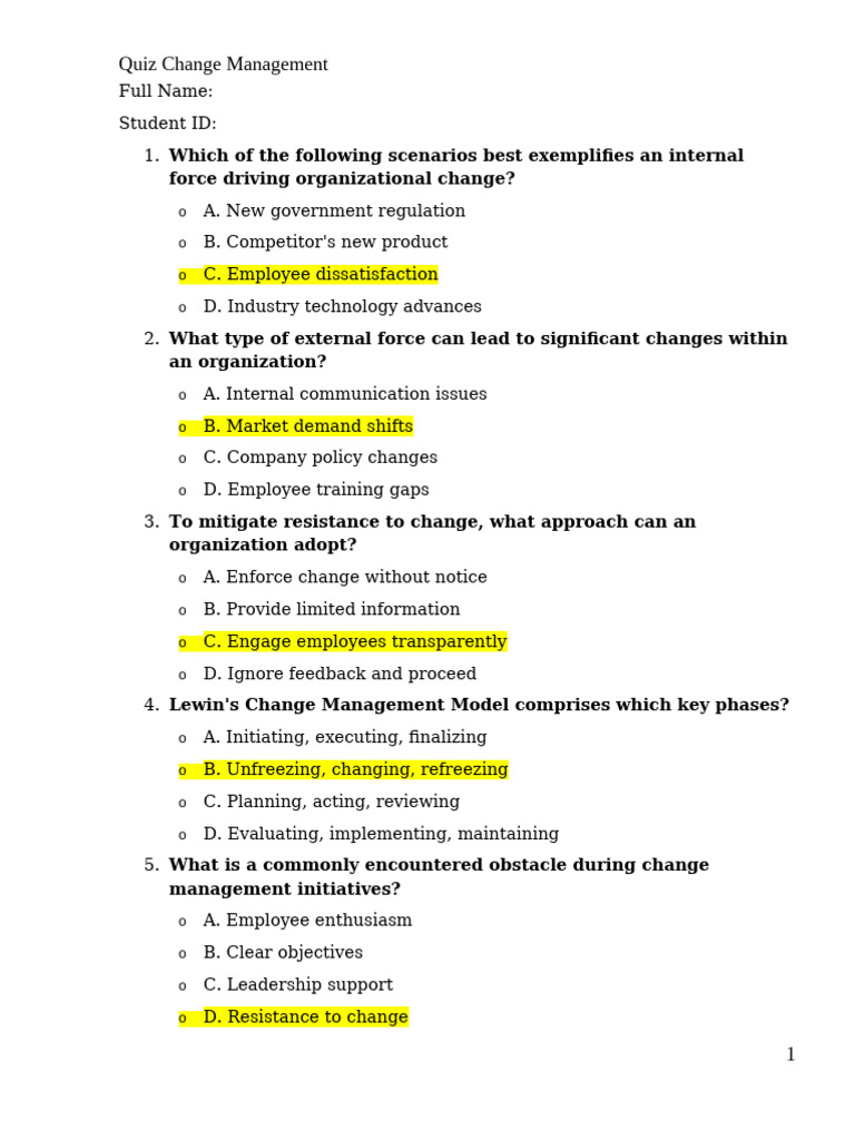 Quiz Change Management With NO Answers | PDF | Change Management ...