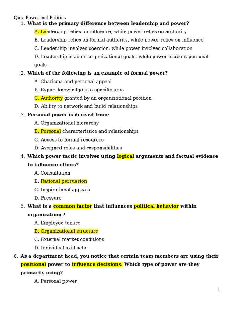Personal Power in Organizational Politics | PDF | Power (Social And ...