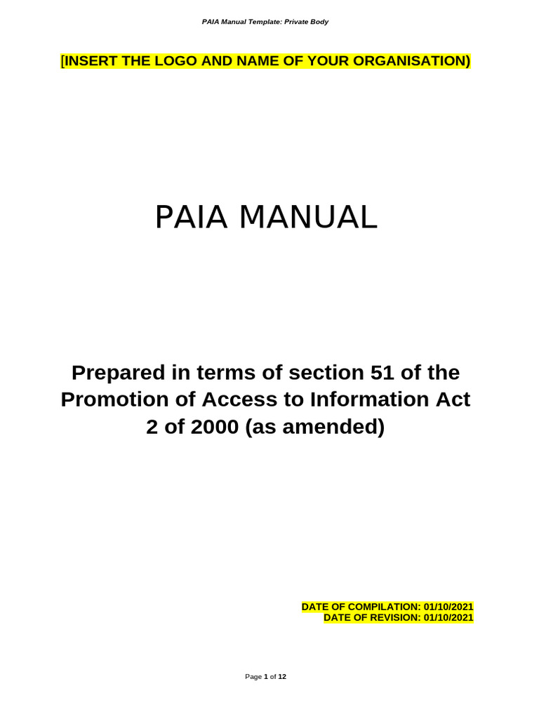 PAIA Manual Template Private Body | PDF | Justice | Crime & Violence