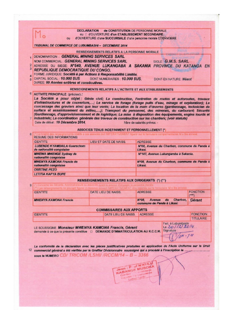 Gms - RCCM - Declaration de Constitution de Personne Morale - Tribunal ...