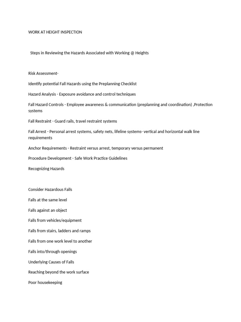 Work at Height Safety Inspection Guide | PDF | Scaffolding | Crane ...