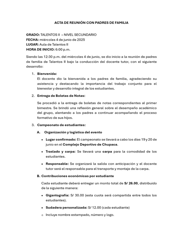 Acta de Reunión Con Padres de Familia - Talentos 2 | PDF