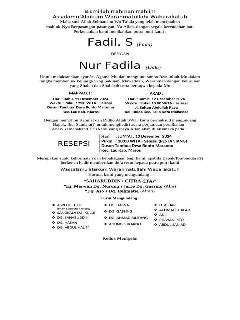 Undangan Pernikahan Saharuddin dan Citra | PDF