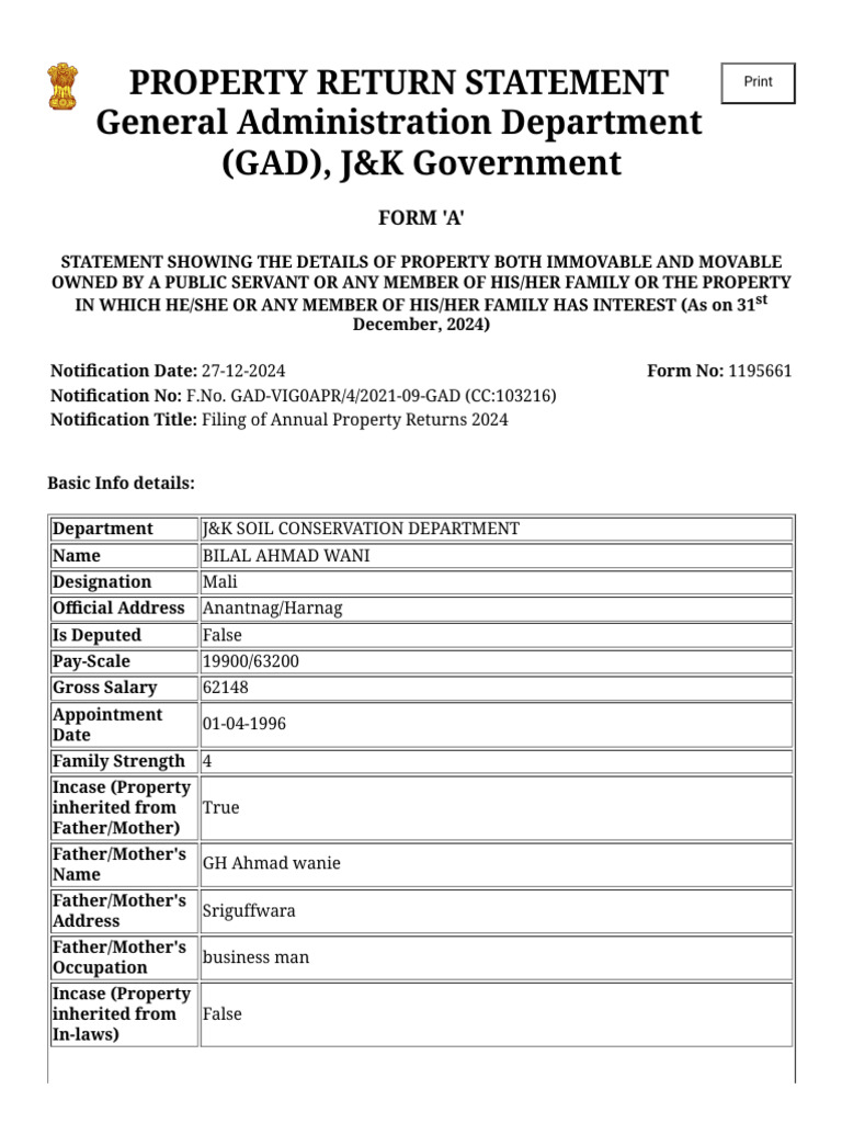 J&K Property Return Statement 2024 | PDF