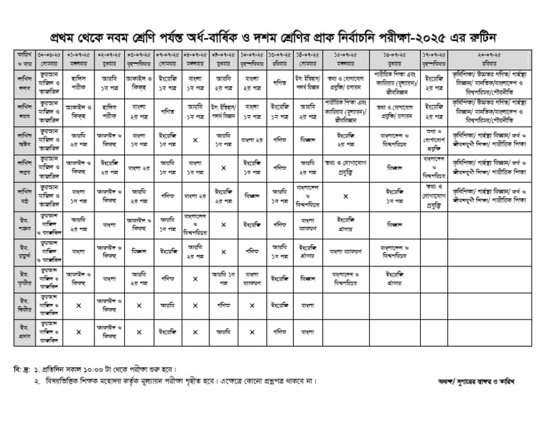Half Yearly Exam Routine (One To Ten) - 2025 | PDF