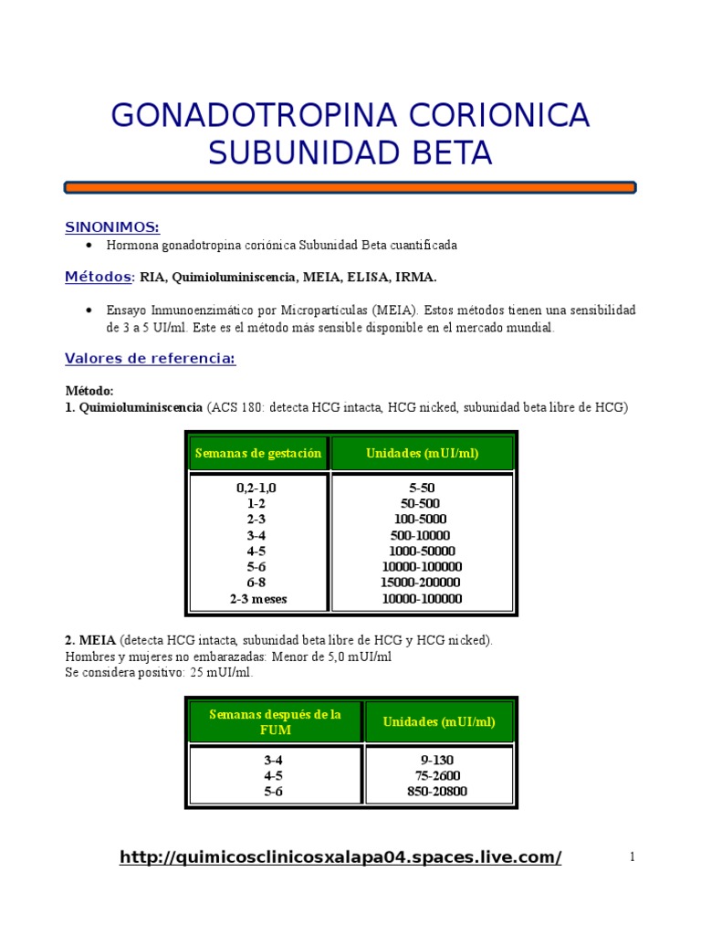 Valores De Resultado Bhcg Cuantitativa Subunidad Beta Hcg