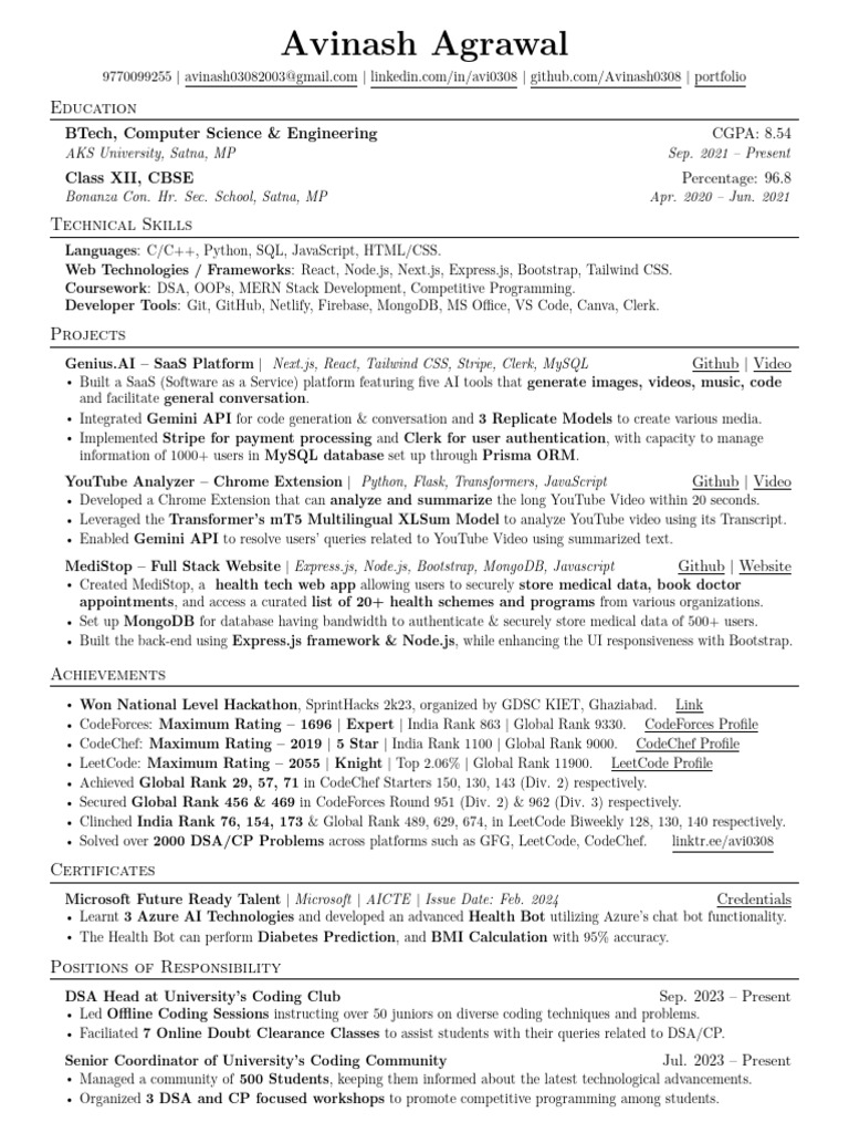 Avinash Agrawal's Tech Portfolio & Achievements | PDF | My Sql | Java ...