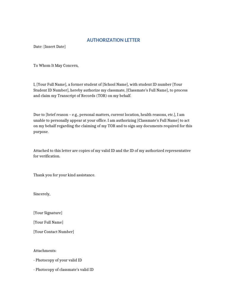 Authorization Letter for TOR Claim | PDF