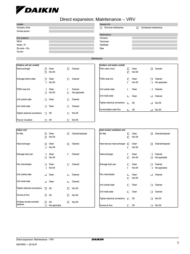 Daikin VRV Maintenance Checklist | PDF | Sustainable Technologies ...