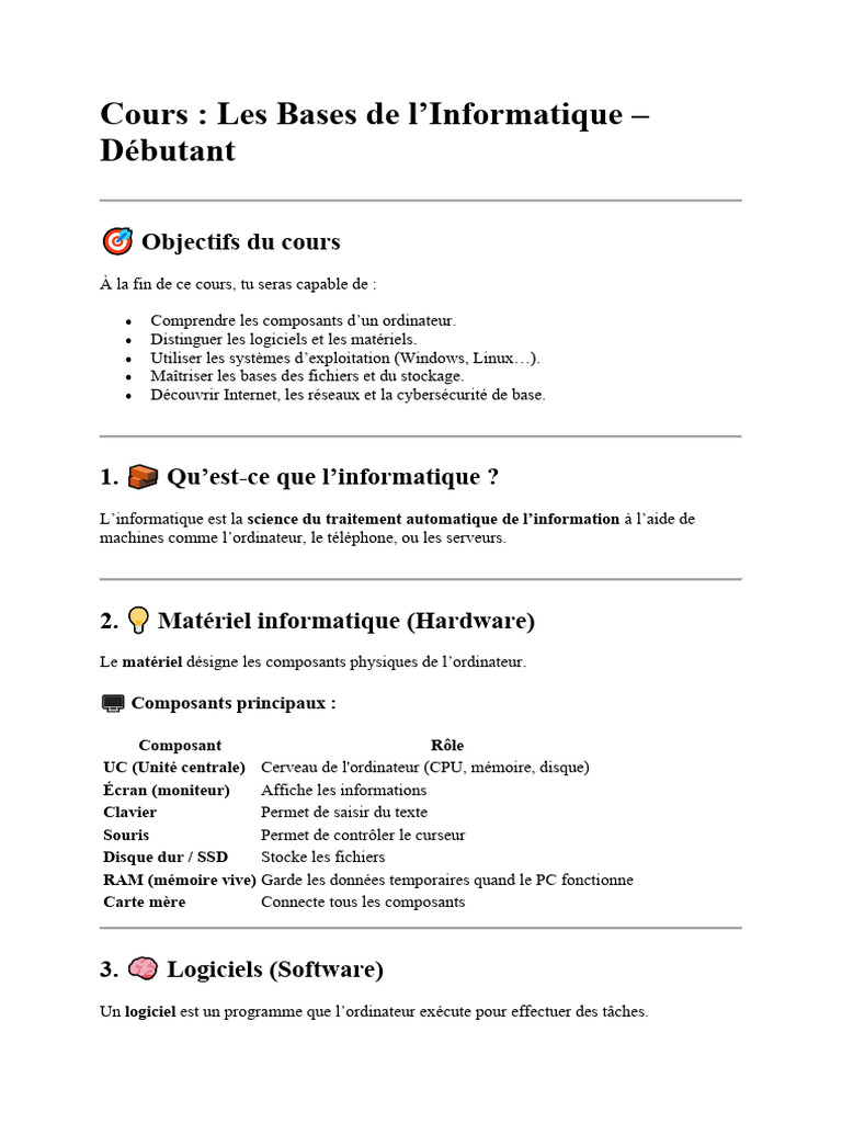 Cours de Base en Informatique Débutant | PDF | Système d'exploitation ...