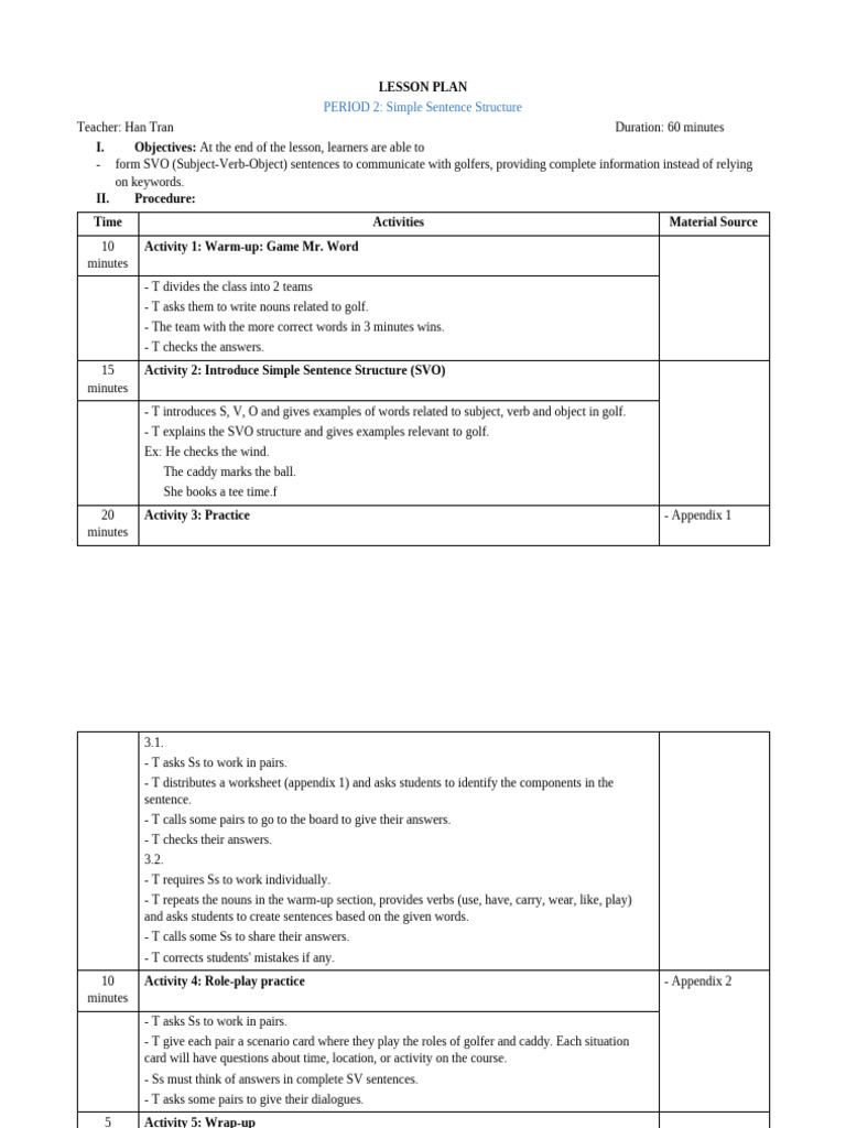 LESSON PLAN P2 - Simple Sentence Structure . | PDF | Language Mechanics ...