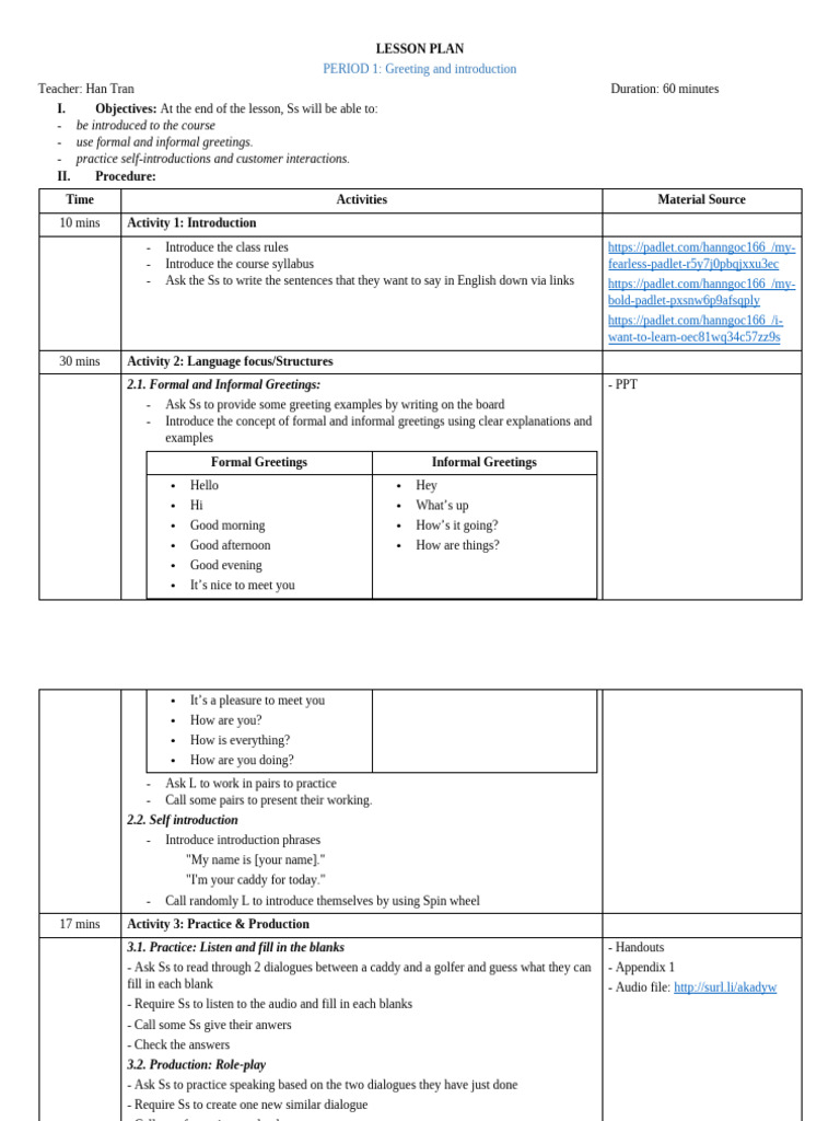 Formal and Informal Greetings Lesson Plan | PDF | Human Communication ...