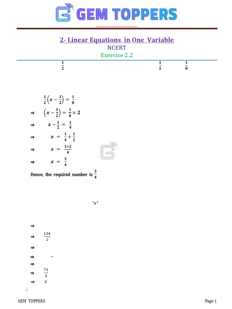 Class 8 Linear Equations Exercise 2.2 | PDF | Arithmetic | Elementary ...