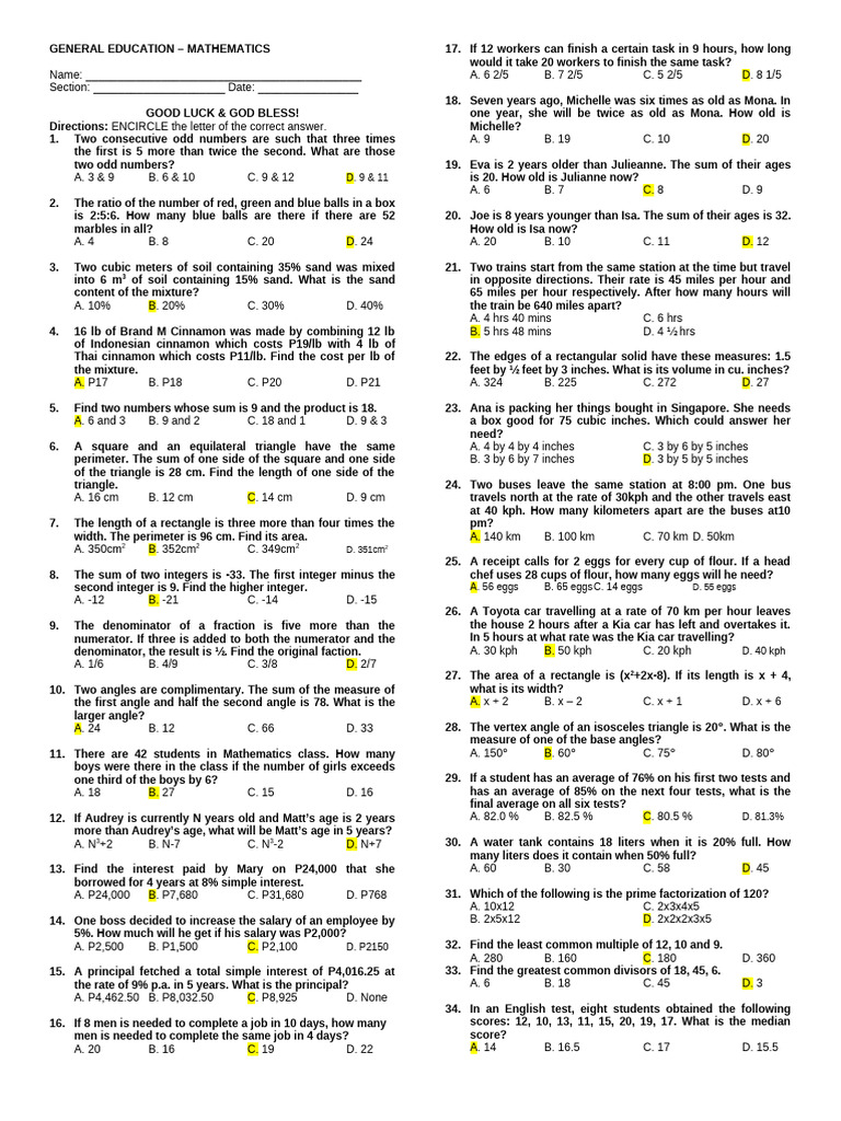 General Education Mathematics Test | PDF | Elementary Mathematics ...