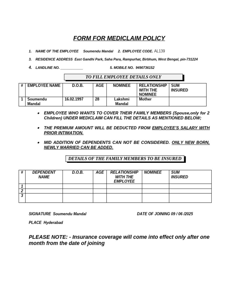 Mediclaim Policy Enrollment Form | PDF