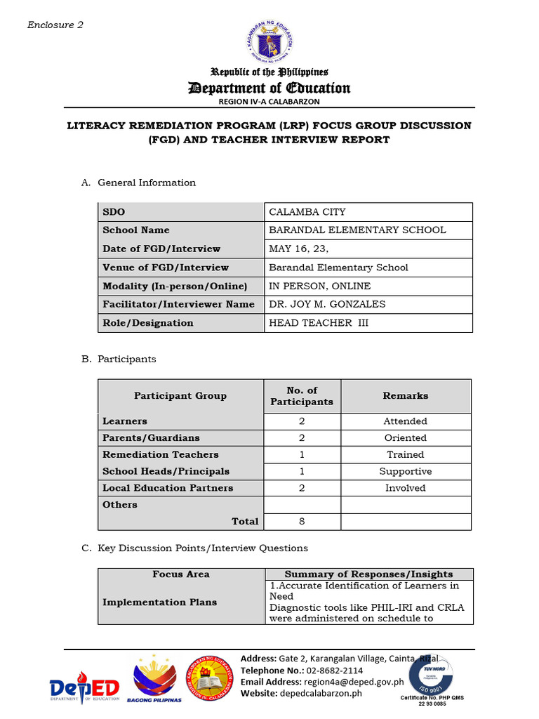 01 LRP FGD and Teacher Interview Report | PDF | Phonics | Human ...