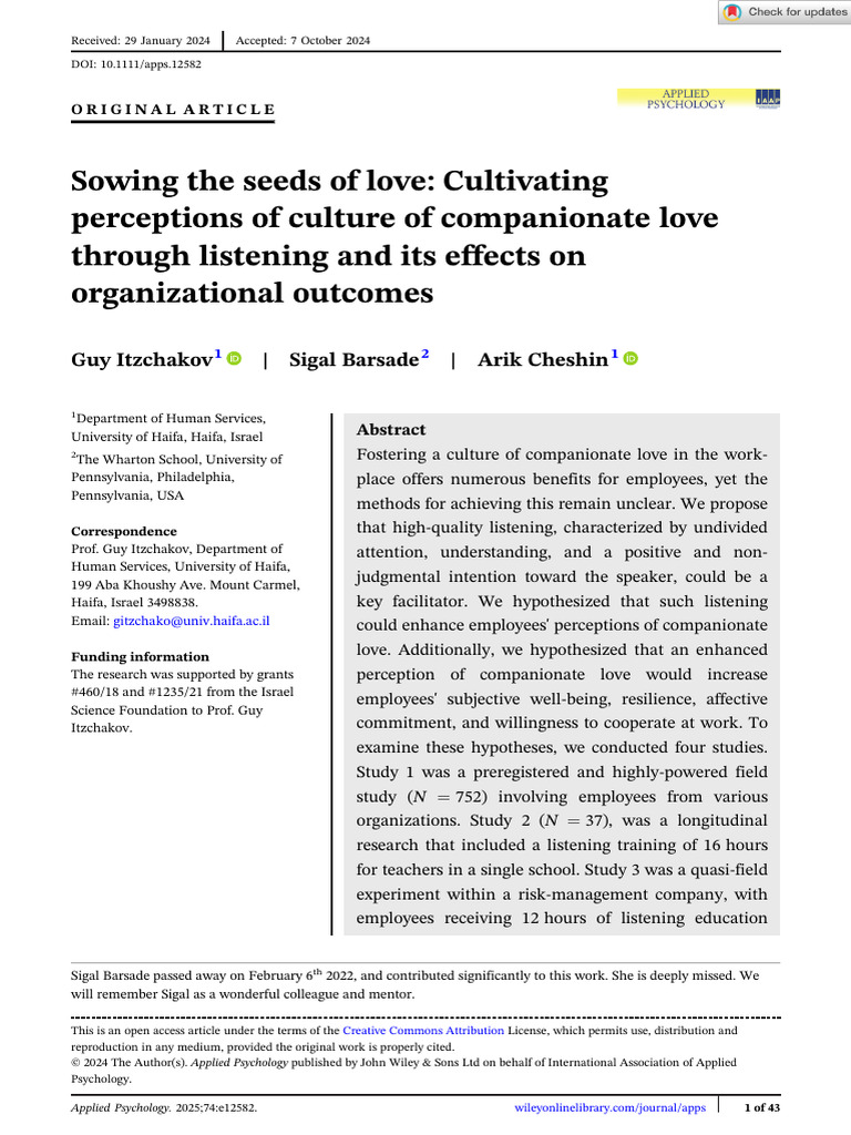 Applied Psychology - 2024 - Itzchakov - Sowing The Seeds of Love ...