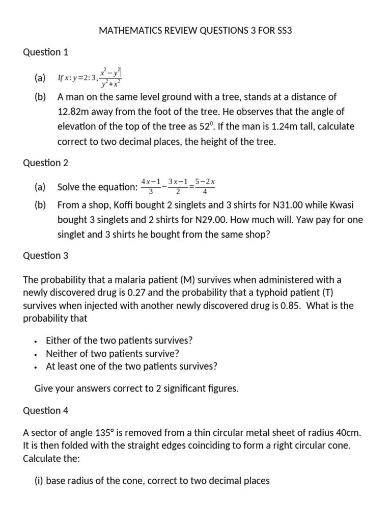 SS3 Mathematics Review Questions | PDF | Circle | Mathematics