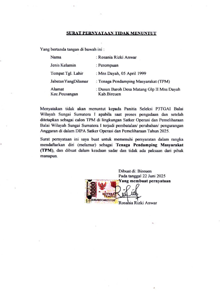 Surat Pernyataan Tidak Menuntut | PDF