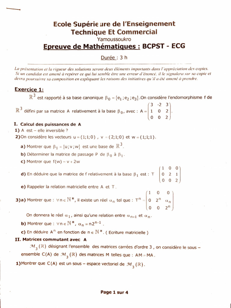 Concours Blanc 1 - Epreuve de Mathématiques (BCPST 2) (Esetec) (2022 ...
