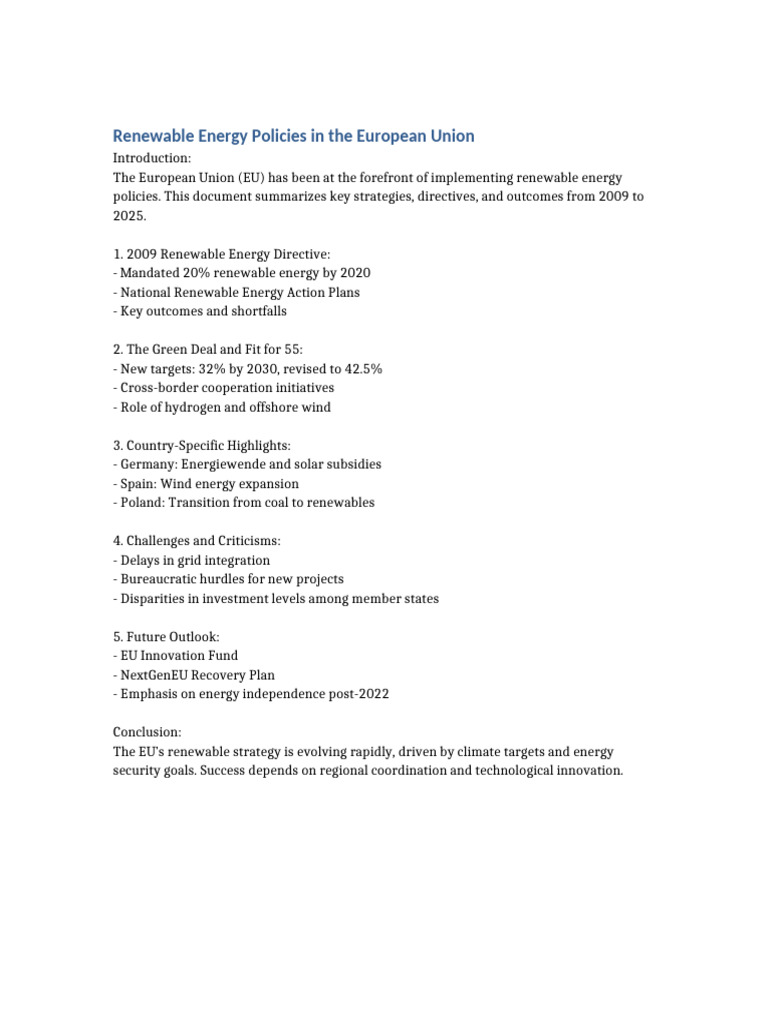 EU Renewable Energy Policies Overview | PDF