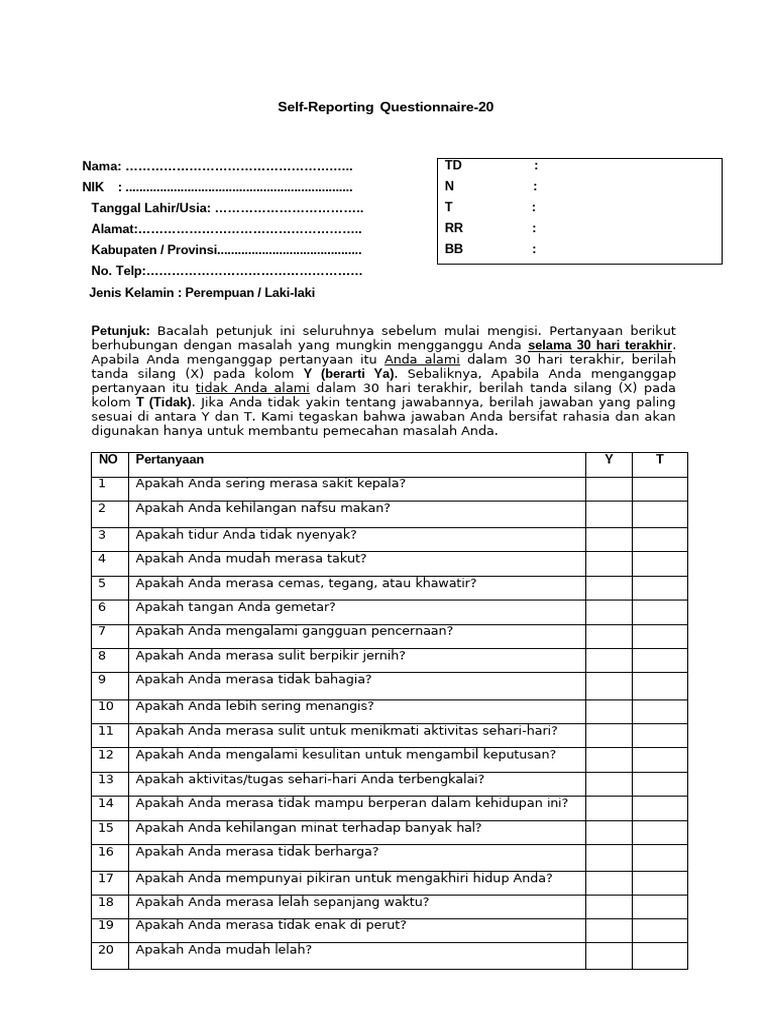 Kuesioner SRQ-20 untuk Kesehatan Mental | PDF