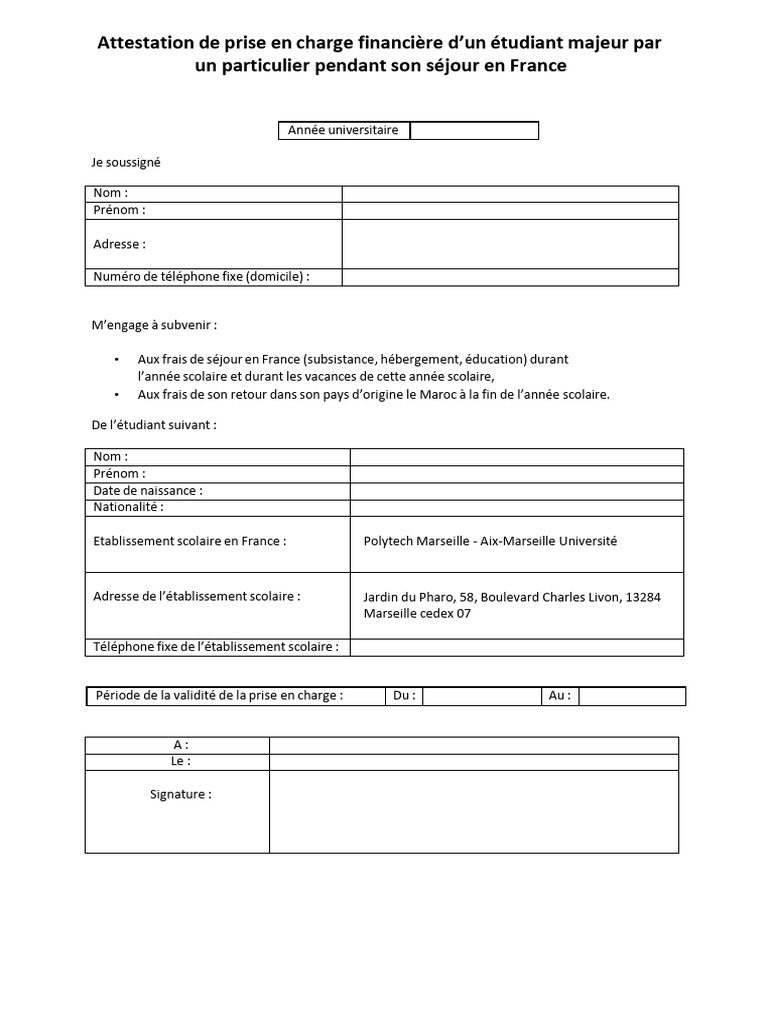 Attestation de prise en charge d'étudiant | PDF