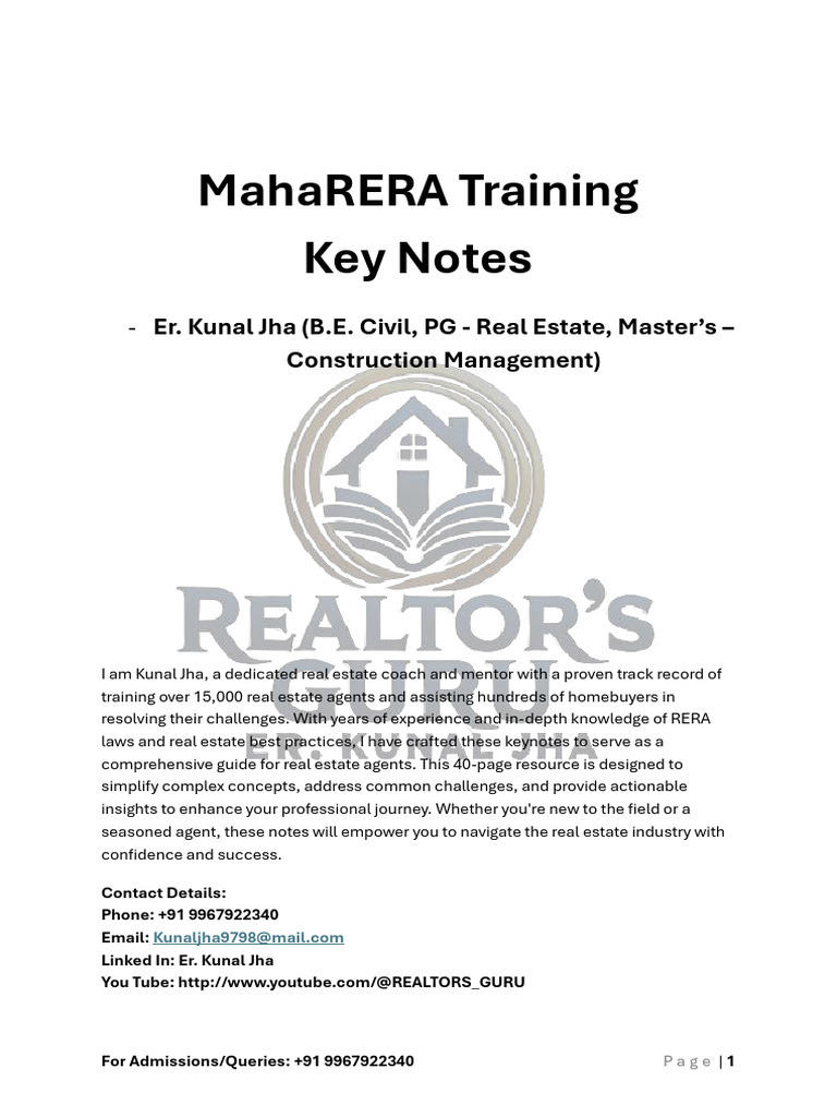 MahaRERA Training Key Notes for Agents | PDF