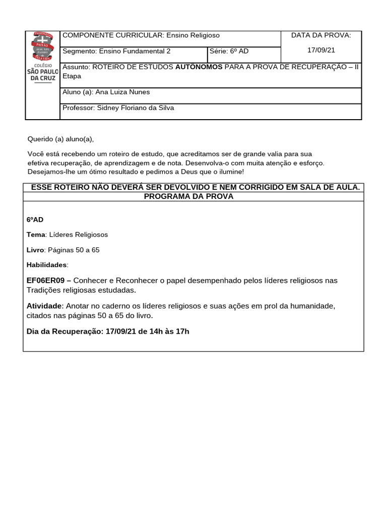 ROTEIRO DE RECUPERACAO Ensino Religioso 6o Ano | PDF