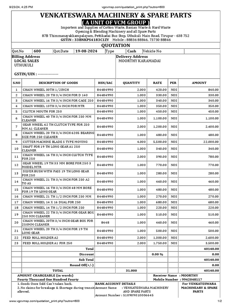 Quotation for Machinery Spare Parts | PDF | Manufactured Goods | Vehicles