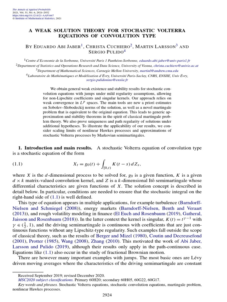 A Weak Solution Theory For Stochastic Volterra Equations of Convolution ...