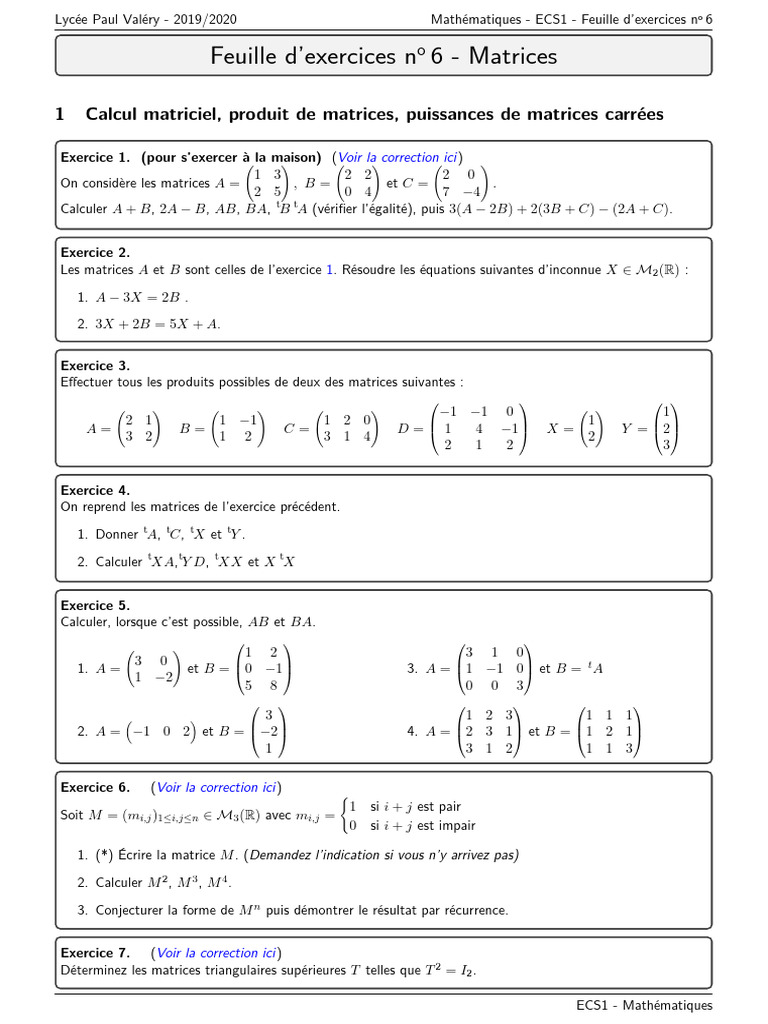 Exercices de Matrices - Lycée Paul Valéry | PDF | Matrice ...