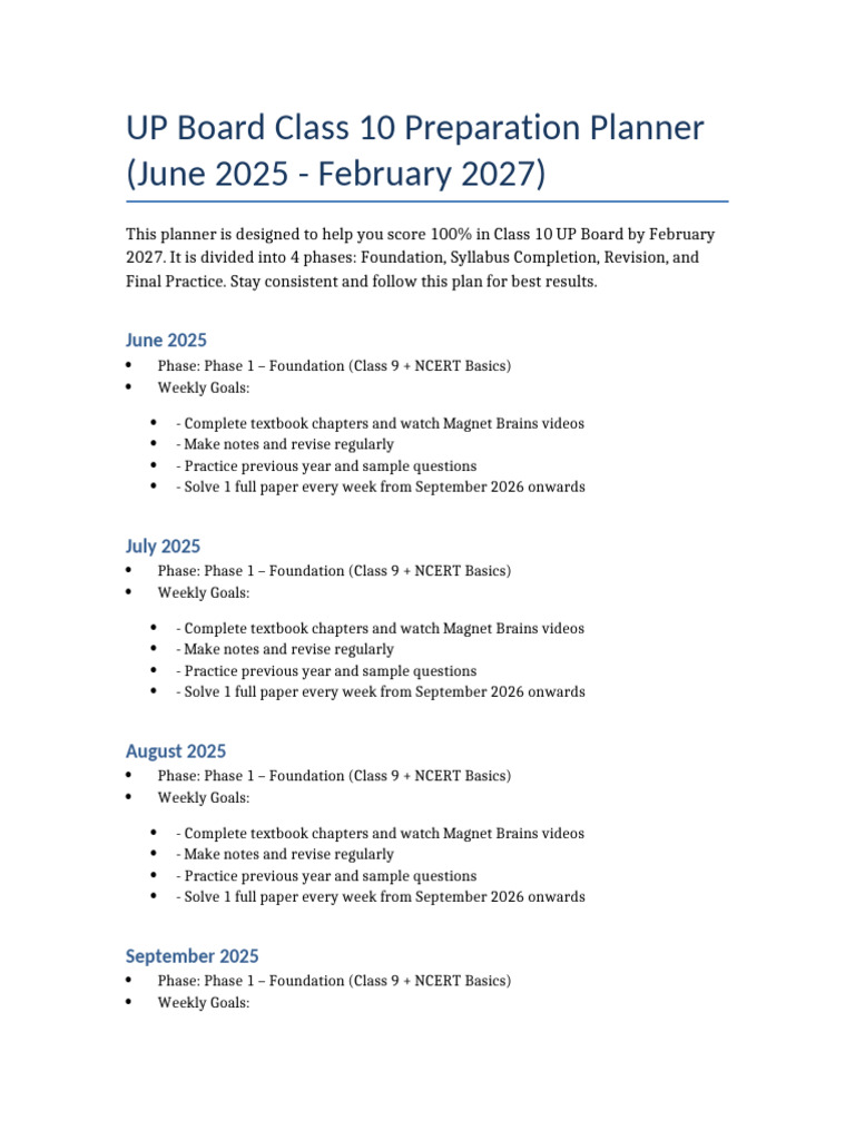 Class 10 UP Board Study Planner | PDF | Educational Organizations ...