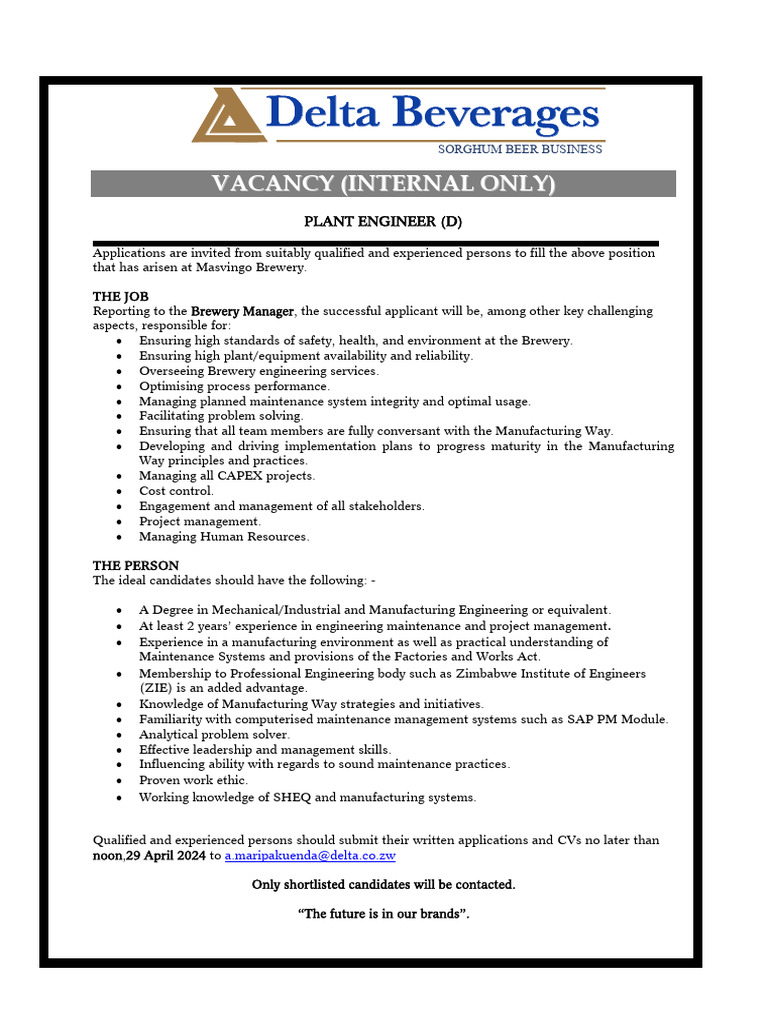 Advert - Plant Engineer Masvingo April 2024 | PDF