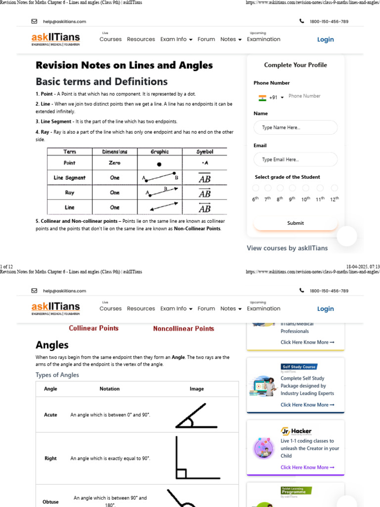 Revision Notes For Maths Chapter 6 - Lines and Angles (Class 9th ...