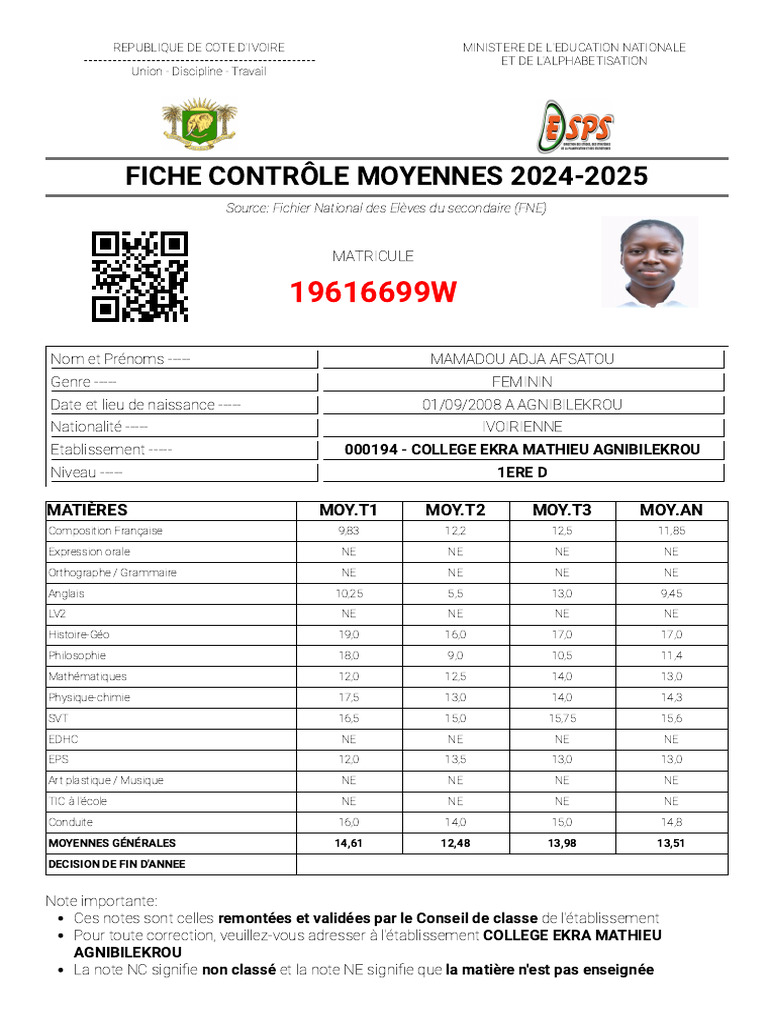 Fiche de Contrôle des Moyennes 2024-2025 | PDF
