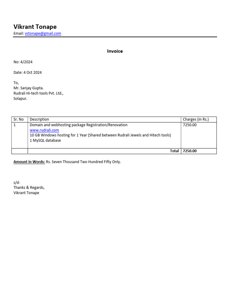 Invoice for Web Hosting Services | PDF