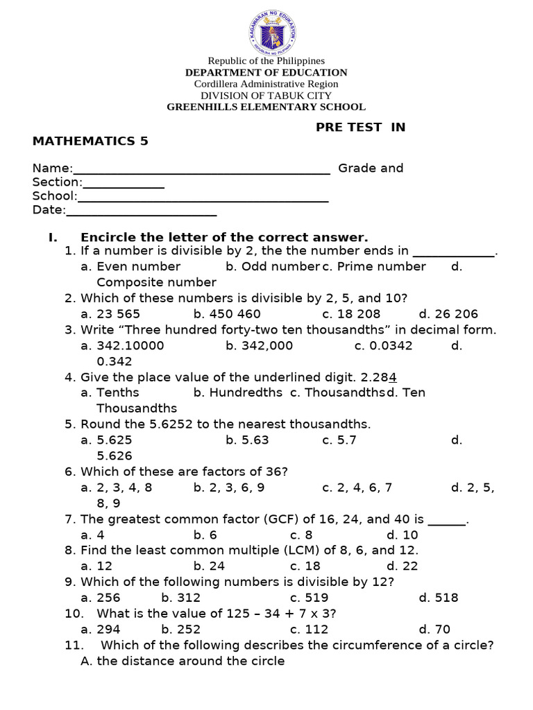 Mathematics 5 Pre-Test Questions | PDF | Numbers | Number Theory