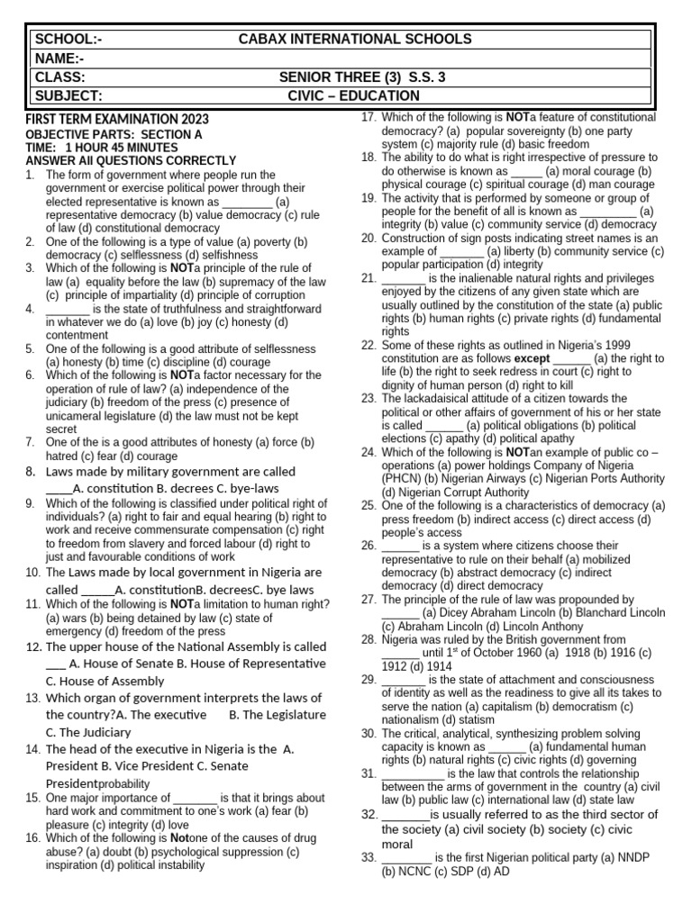 SS3 Civic Education First Term Exam | PDF | Democracy | Political ...